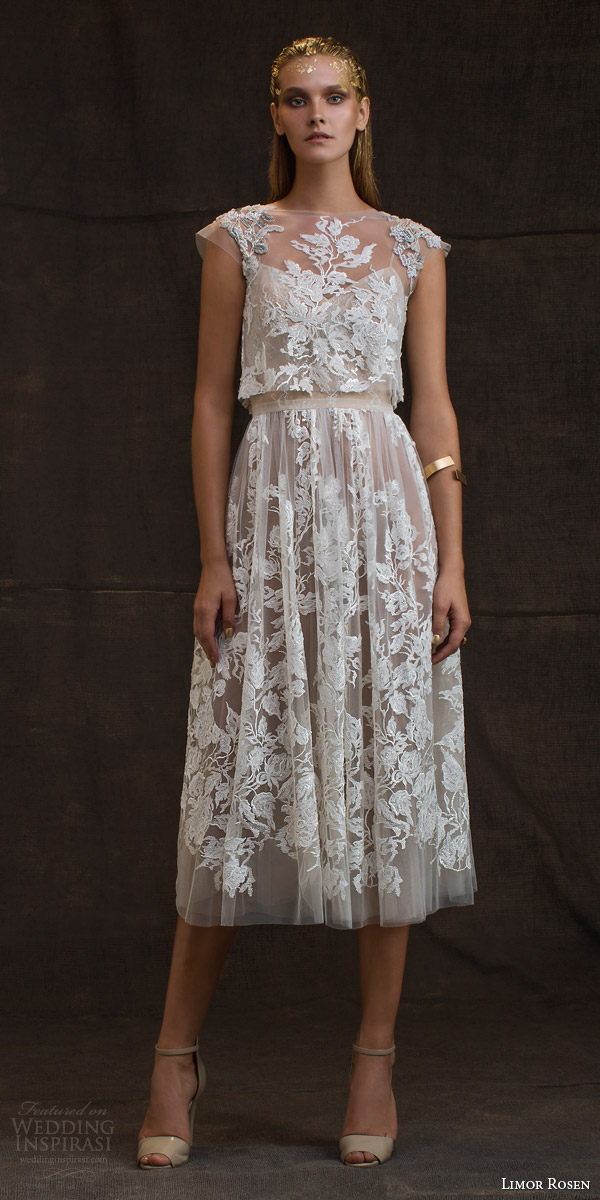 limor rosen bridal 2016 treasure grace wedding dress lace floral cap sleeve crop top blush tulle knee length skirt limor rosen bridal 2016 treasure grace wedding dress lace floral cap sleeve crop top blush tulle knee length skirt
