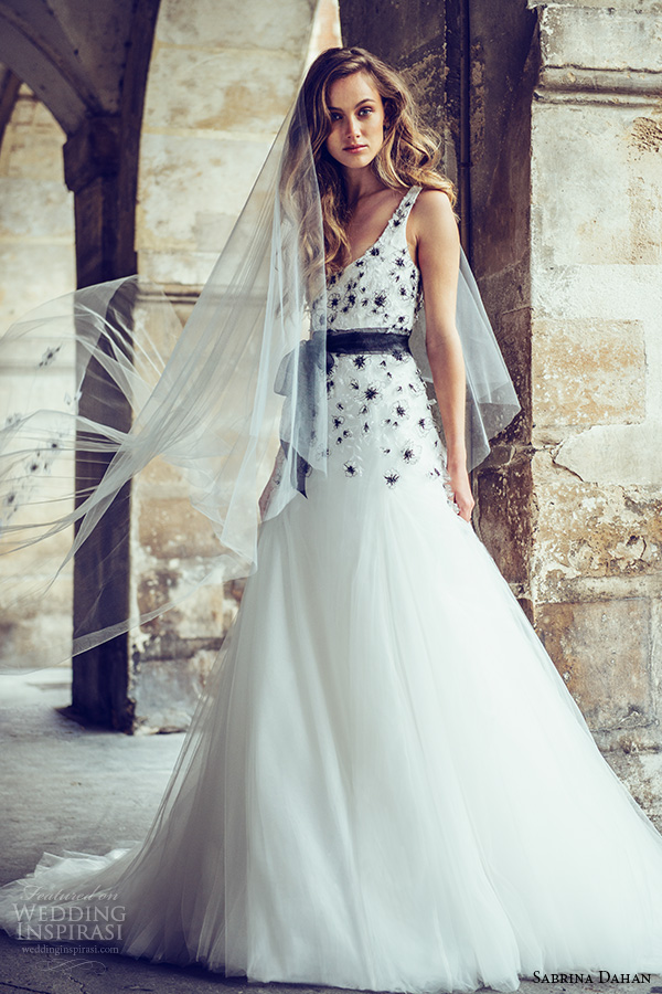 sabrina dahan bridal fall 2016 audrey silk tulle black white 3 dimensional beading wedding dress paris photo shoot