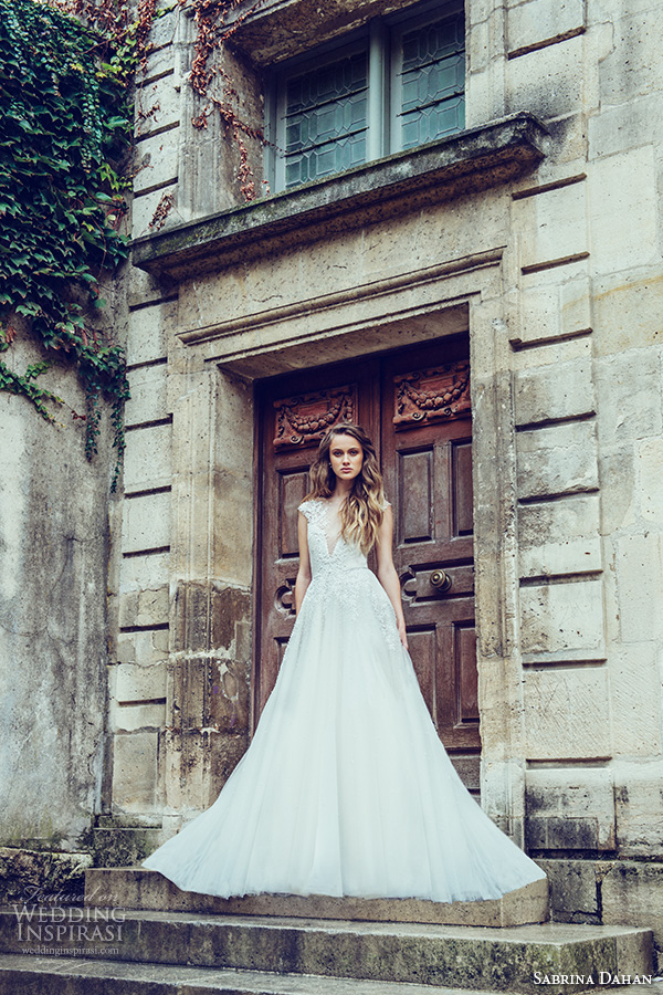 sabrina dahan bridal fall 2016 cap sleeves deep v neckline  lace embroidery beautiful a  line wedding dress style marion