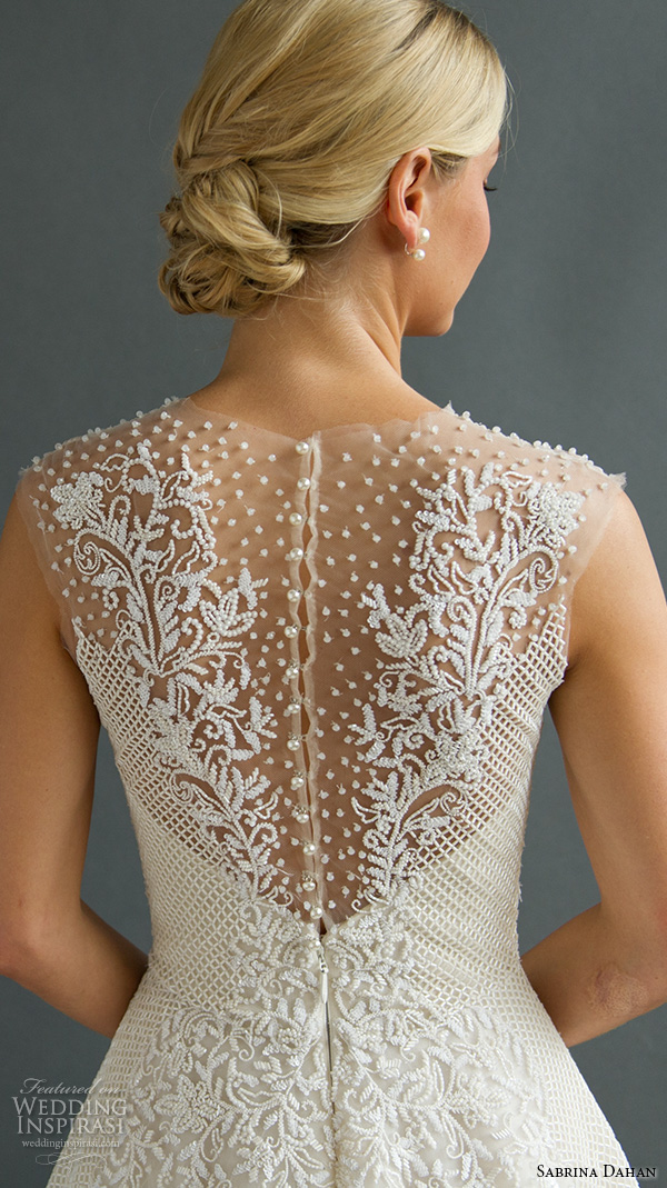 sabrina dahan bridal fall 2016 deep v neckline lace embroidery beautiful a  line wedding dress marion closeup