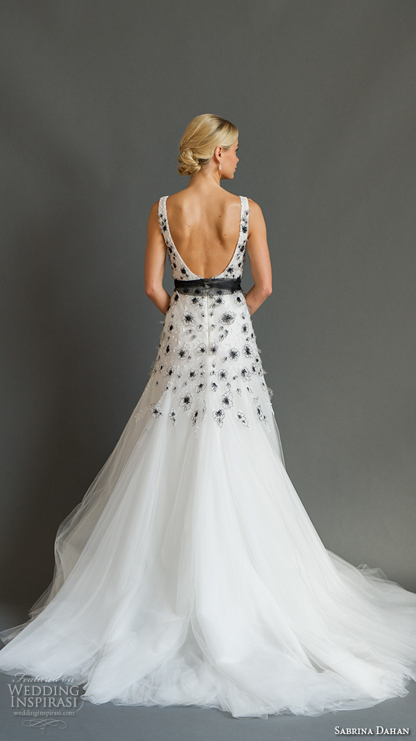 sabrina dahan bridal fall 2016 scoop neckline floral appliques black accent tulle a  line wedding dress audrey 