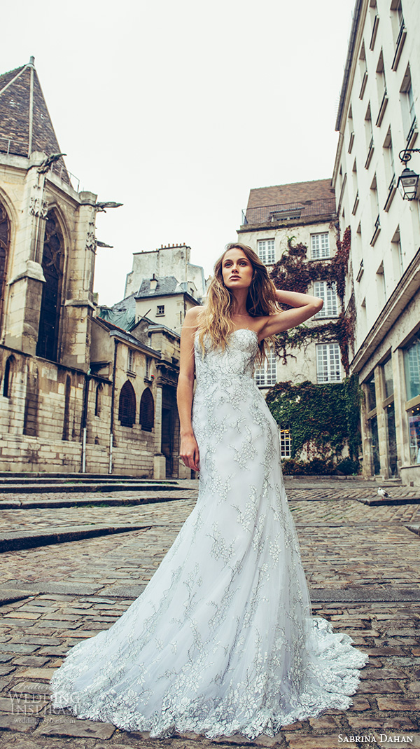 sabrina dahan bridal fall 2016 sleeveless strapless sweetheart neckline bustier bodice lace embroidered drop waist a  line wedidng dress odette