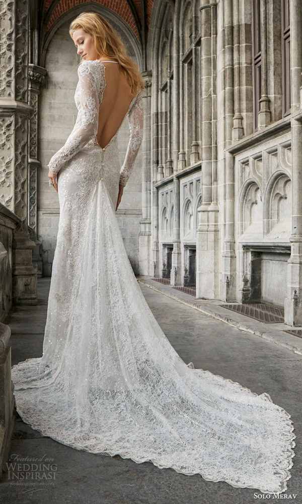 solo merav 2016 bridal long sleeve sheath wedding dress hand embellished appliques pearls point train open back naomi