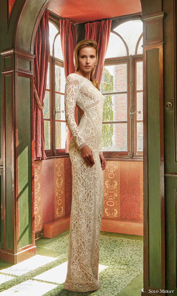 solo merav bridal 2016 sophisticated lace wedding dress elegant long sleeves open back slit high neck side view solo merav bridal 2016 sophisticated lace wedding dress elegant long sleeves open back slit high neck side view