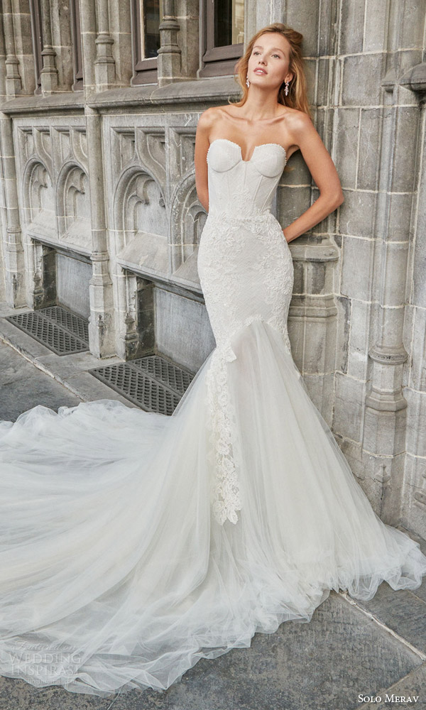 solo merav bridal 2016 strapless mermaid wedding dress rich tulle train split sweetheart neckline vivianne zoom