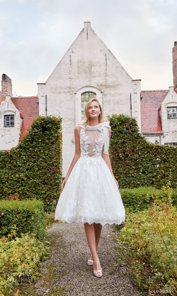 solo merav couture bridal gowns 2016 audrey short sweet wedding dress bow tie funnel neck collar delicate roses french lace illusion bodice solo merav couture bridal gowns 2016 audrey short sweet wedding dress bow tie funnel neck collar delicate roses french lace illusion bodice