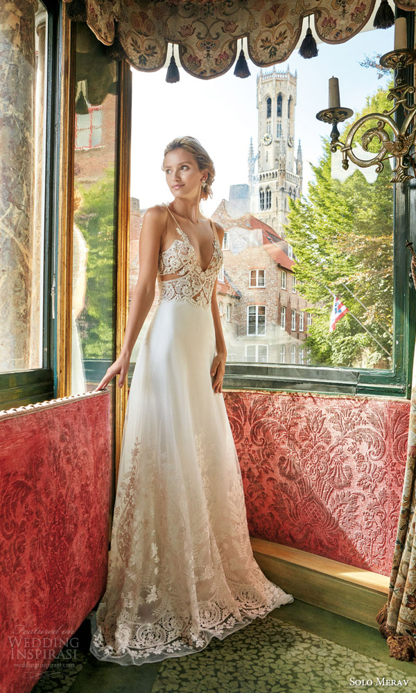 solo merav wedding dress 2016 bridal gown with exquisite hand embellished sheer illusion straps sexy bodice celestia full length view lace trim skirt