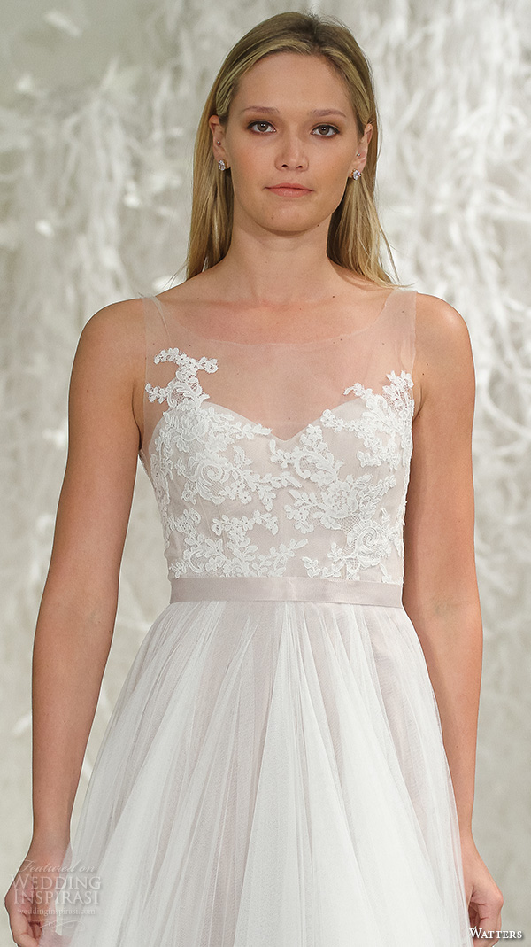 watters brides spring 2016 bridal illustion strap floral lace applique bodice tulle a  line wedding dress style azriel 