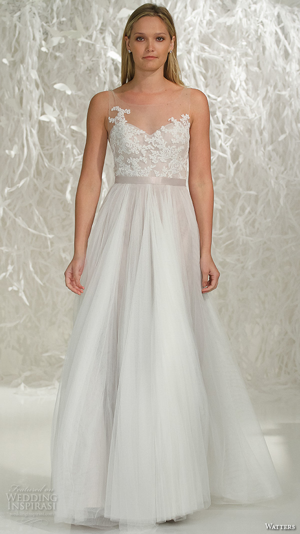 watters brides spring 2016 bridal illustion strap floral lace applique bodice tulle a  line wedding dress style azriel