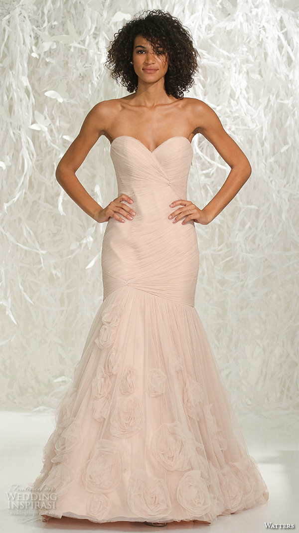 watters brides spring 2016 bridal strapless sweetheart neckline ruched bodice pink mermaid wedding dress style starla