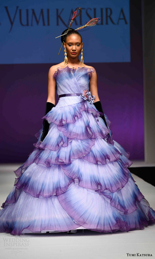 yumi katsura bridal fall 2016 haute couture golden harvest collection strapless ombre purple blue lavender dress ruffles