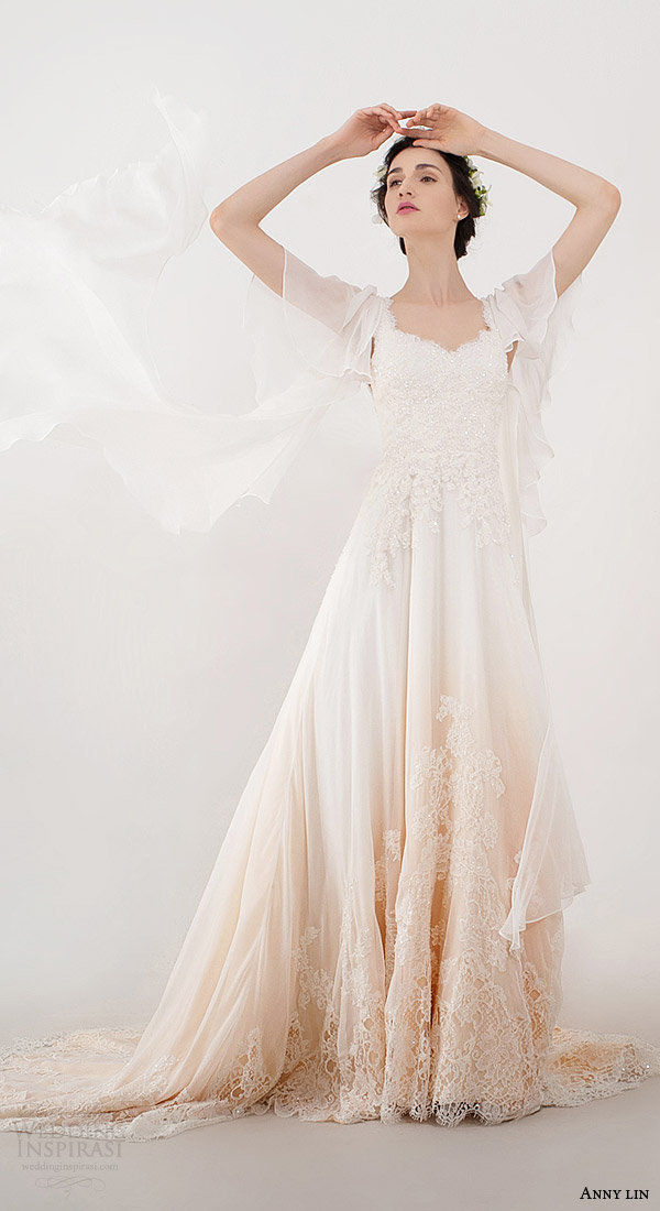 anny lin bridal 2016 briana delicate beadwork flutter sleeves wedding dress ombre peach