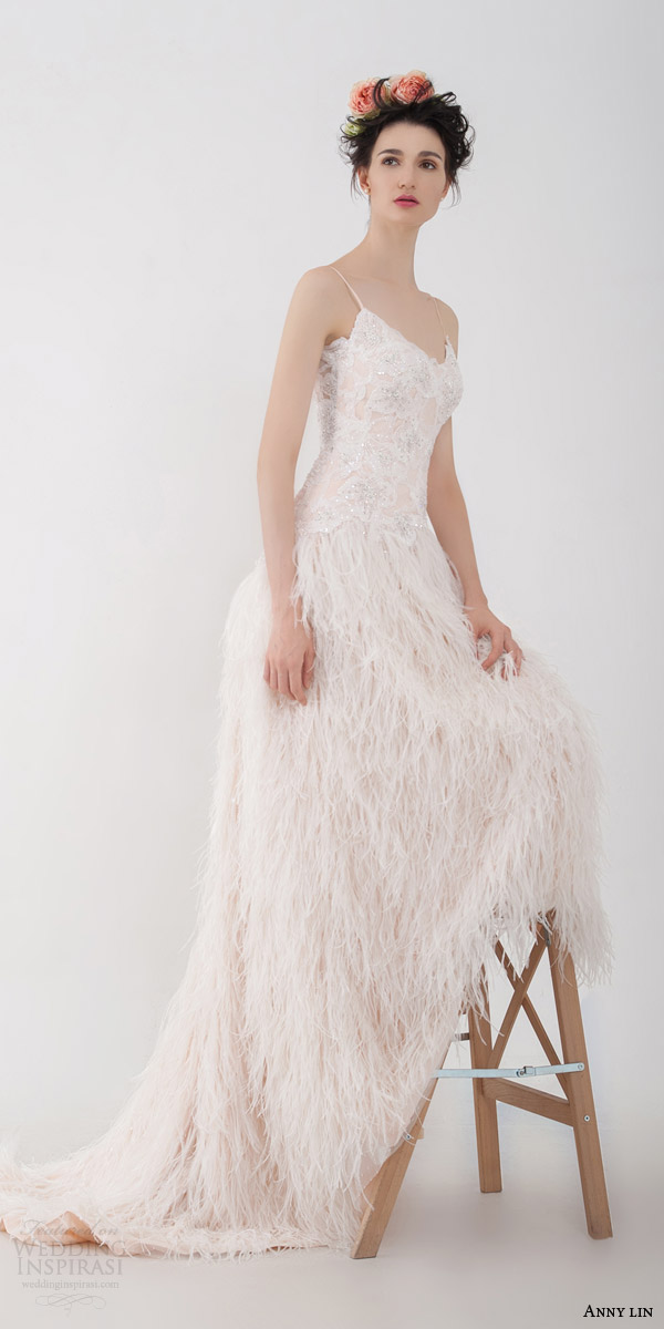 anny lin bridal 2016 cecelia sleeveless wedding dress feather skirt full view spaghetti straps