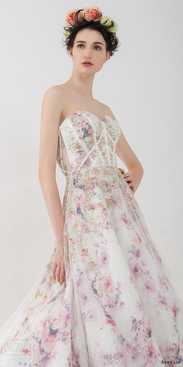 anny lin bridal 2016 felicia strapless romantic multi colored floral print wedding dress sweetheart neckline bodice close up