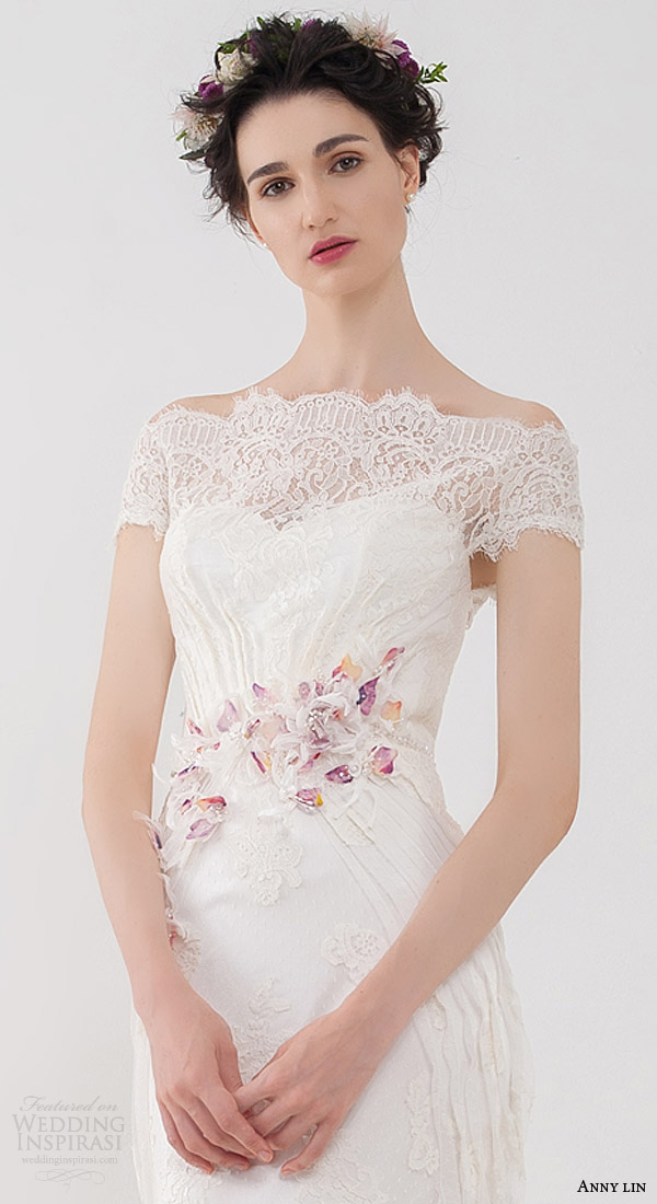 anny lin bridal 2016 kalika pretty romantic wedding dress off shoulder short lace sleeves sheath silhouette close up bodice