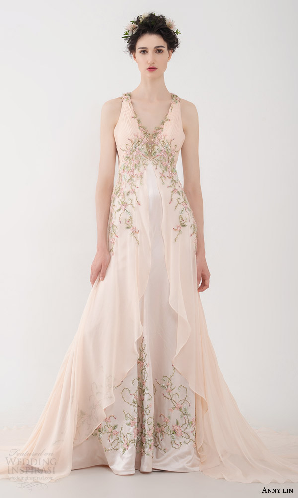 anny lin bridal 2016 zinnia sleeveless peach color wedding dresse beaded bodice straps over skirt