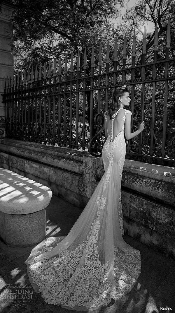 berta fall 2016 bridal beautiful deep v plunging neckline cap sleeves sheath wedding dress chapel train 