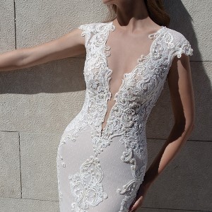 berta fall 2016 bridal beautiful deep v plunging neckline cap sleeves sheath wedding dress chapel train