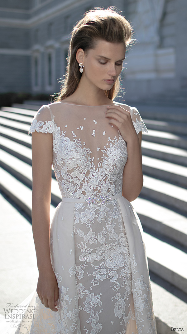 berta fall 2016 bridal beautiful sheath wedding dress cap sleeves bateau illusion neckline overskirt chapel train lace embroidery 