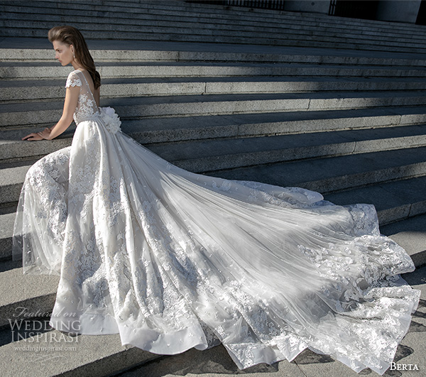 berta fall 2016 bridal beautiful sheath wedding dress cap sleeves bateau illusion neckline overskirt chapel train lace embroidery  