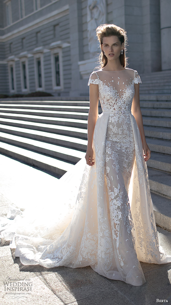 berta fall 2016 bridal beautiful sheath wedding dress cap sleeves bateau illusion neckline overskirt chapel train lace embroidery