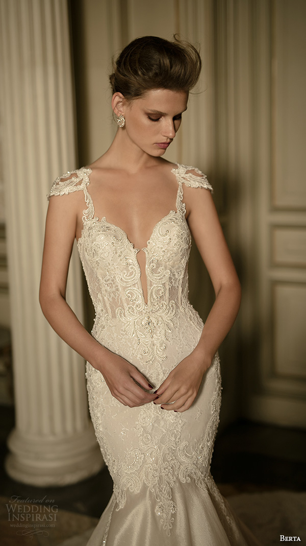 berta fall 2016 bridal cap sleeves v neck deep plunging neckline lace beaded embroidery mermaid wedding dress 