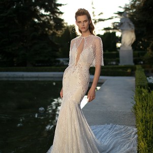 berta fall 2016 bridal deep v plunging neckline spagetti strap lace embroidered mermaid wedding dress lace bolero jacket
