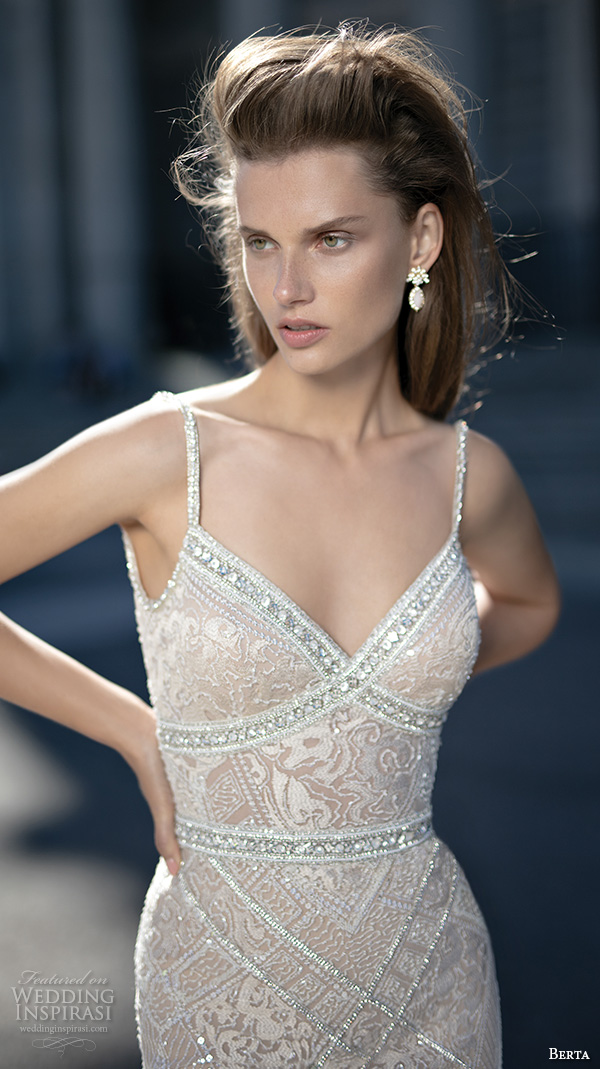 berta fall 2016 bridal elegant sheath wedding dress spagetti strap lace embroidery v neckline with train  