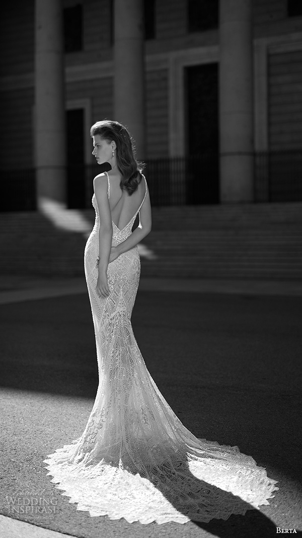 berta fall 2016 bridal elegant sheath wedding dress spagetti strap lace embroidery v neckline with train   