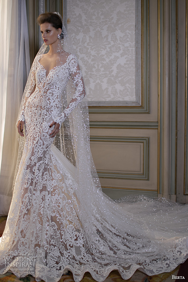berta fall 2016 bridal gorgeous beautiful lace embroidered mermaid wedding dress long sleeves scoop neckline cathedral train 