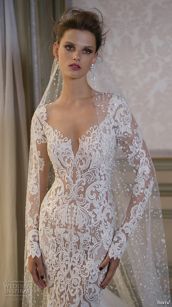 berta fall 2016 bridal gorgeous beautiful lace embroidered mermaid wedding dress long sleeves scoop neckline cathedral train  