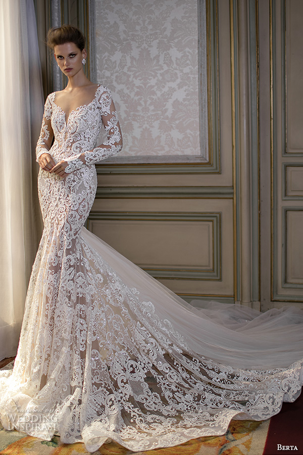 berta fall 2016 bridal gorgeous beautiful lace embroidered mermaid wedding dress long sleeves scoop neckline cathedral train