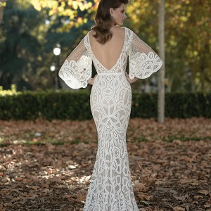berta fall 2016 bridal half bell sleeves bateau neckline sheath wedding dress open low back