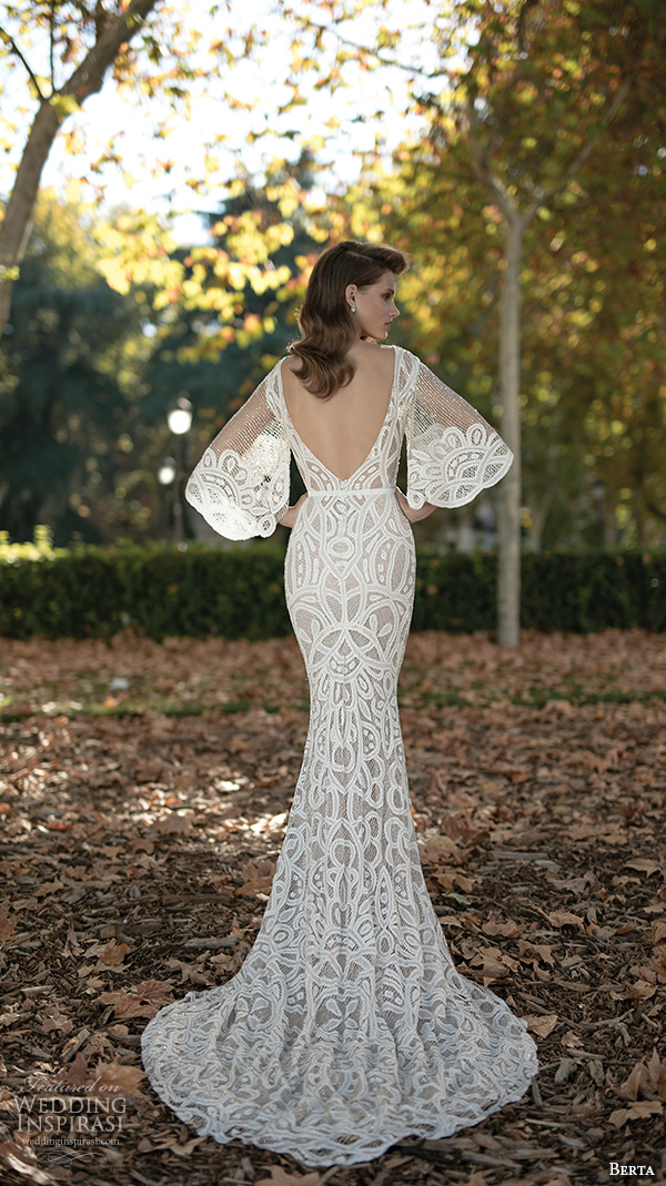 berta fall 2016 bridal half bell sleeves bateau neckline sheath wedding dress open low back 