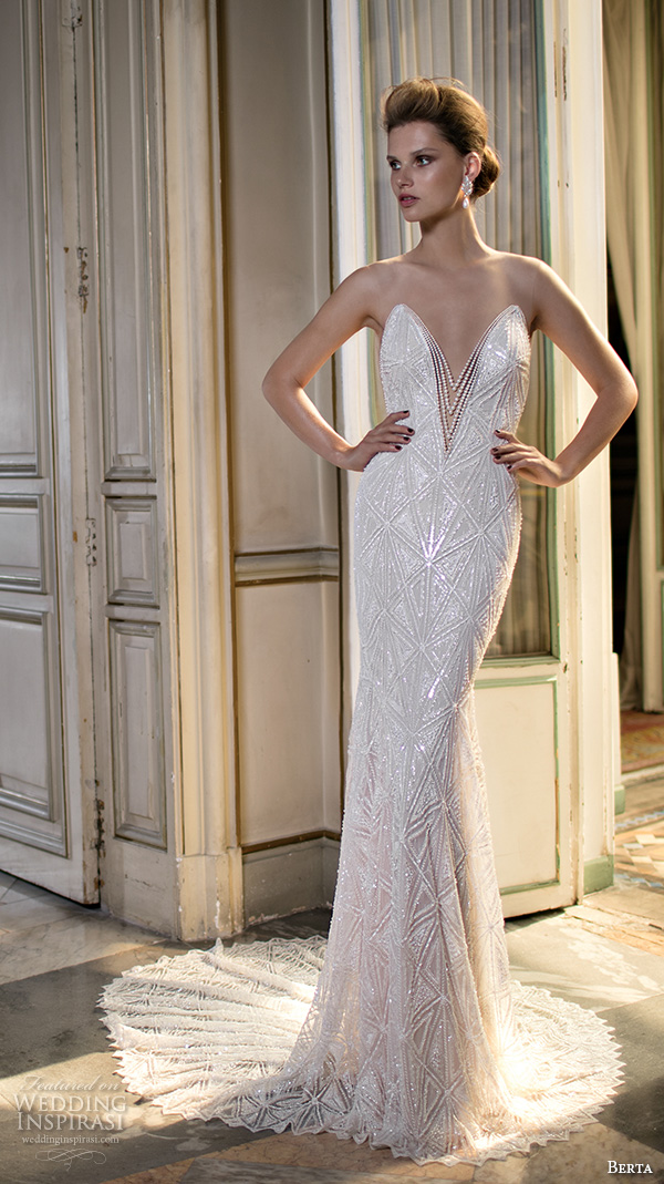 berta fall 2016 bridal illusion sleeveless jewel neckline deep v plunging cut geometric pattern embroideries sheath wedding dress