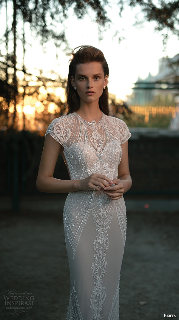 berta fall 2016 bridal jewel neckline cap sleeves lace embroidered sheath wedding dress 