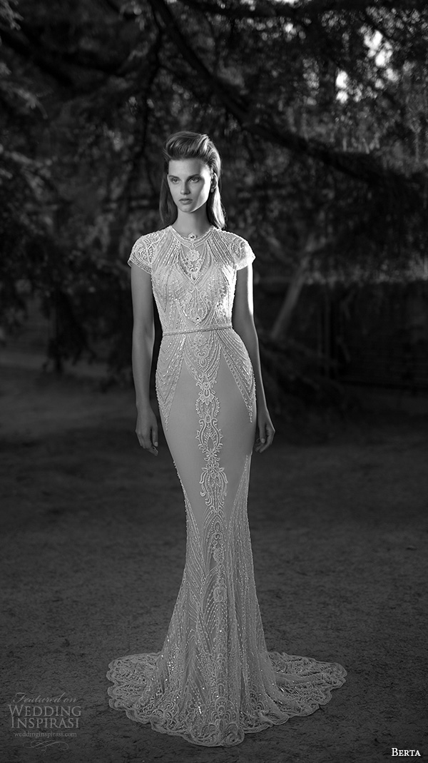 berta fall 2016 bridal jewel neckline cap sleeves lace embroidered sheath wedding dress