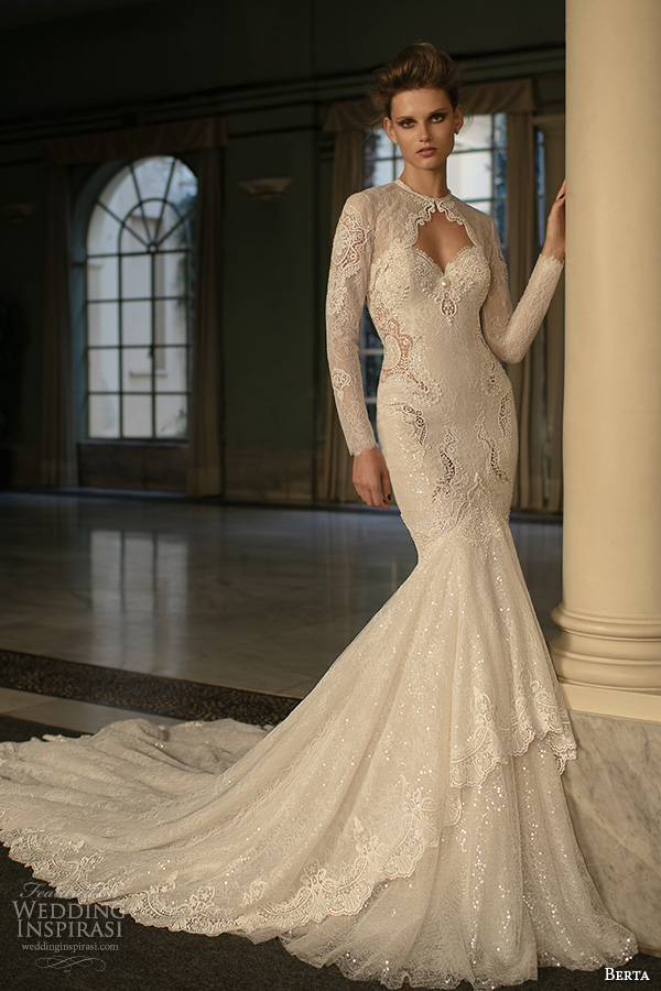 berta fall 2016 bridal long sleeves jewel neckline lace jacket sweetheart neckline beautiful mermaid wedding dress