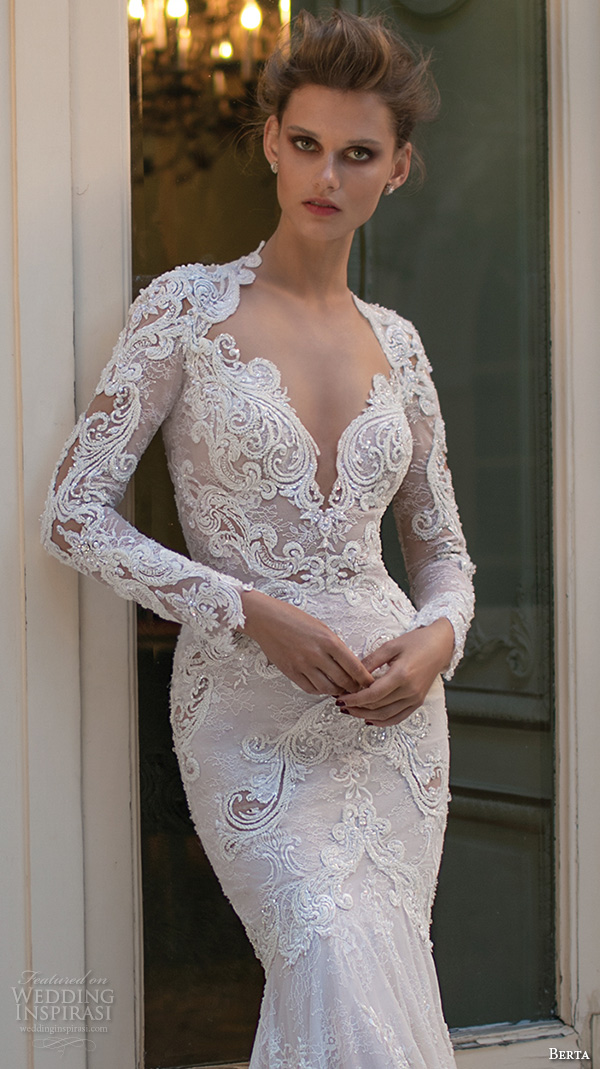 berta fall 2016 bridal long sleeves queen anne neckline deep v neckline beautiful trumpet mermaid wedding dress 