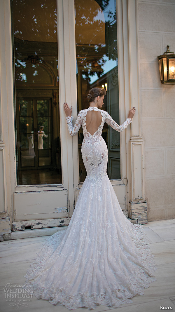 berta fall 2016 bridal long sleeves queen anne neckline deep v neckline beautiful trumpet mermaid wedding dress back