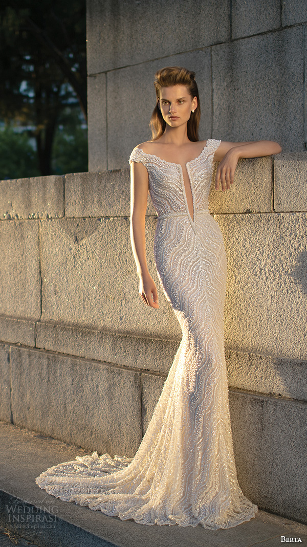 berta fall 2016 bridal off the shoulder elegant sheath wedding dress beaded lace embroidery with court train