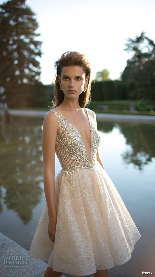 berta fall 2016 bridal pretty short wedding dress skirt sleeveless deep v plunging neckline lace embroidery berta fall 2016 bridal pretty short wedding dress skirt sleeveless deep v plunging neckline lace embroidery