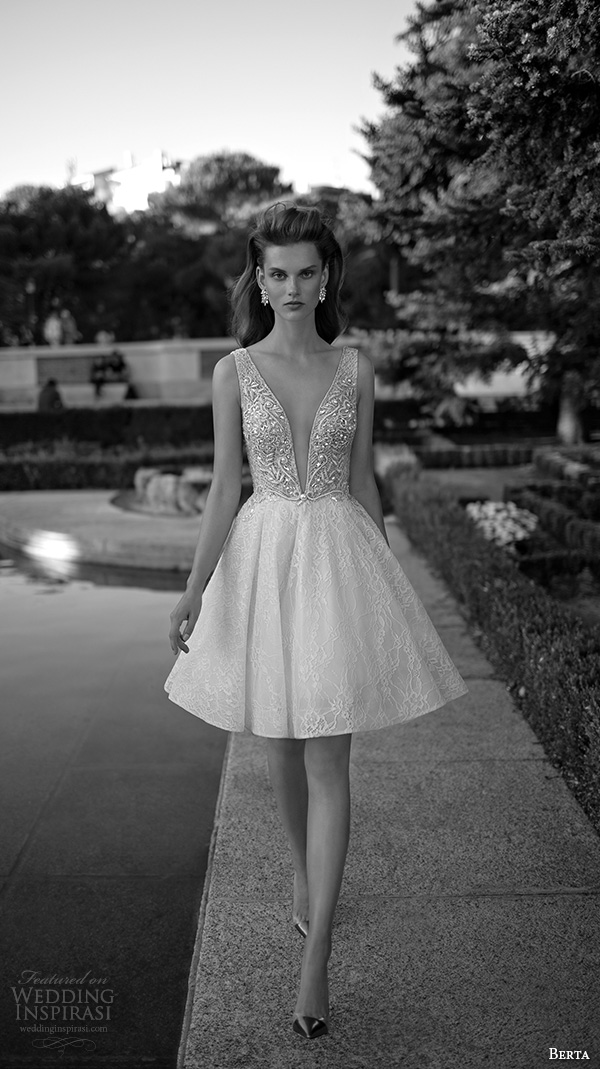 berta fall 2016 bridal pretty short wedding dress skirt sleeveless deep v plunging neckline lace embroidery