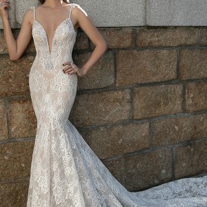 berta fall 2016 bridal spagetti strap deep plunging v neckline lace embroidered mermaid wedding dress