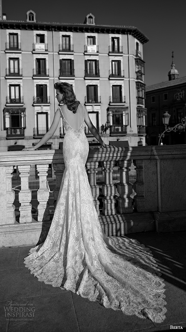 berta fall 2016 bridal spagetti strap deep plunging v neckline lace embroidered mermaid wedding dress back view