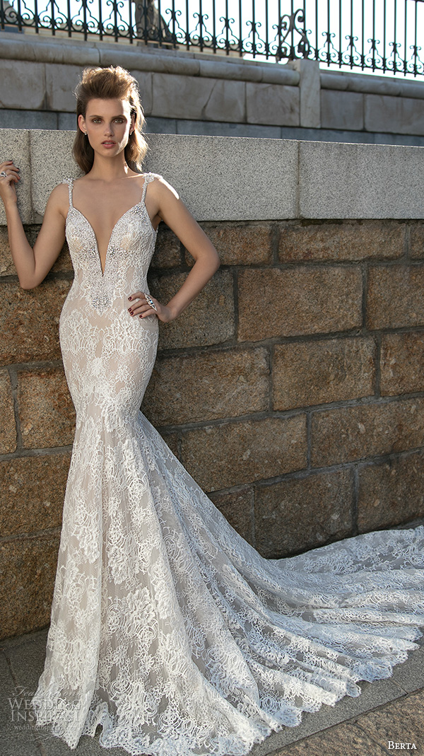 berta fall 2016 bridal spagetti strap deep plunging v neckline lace embroidered mermaid wedding dress berta fall 2016 bridal spagetti strap deep plunging v neckline lace embroidered mermaid wedding dress