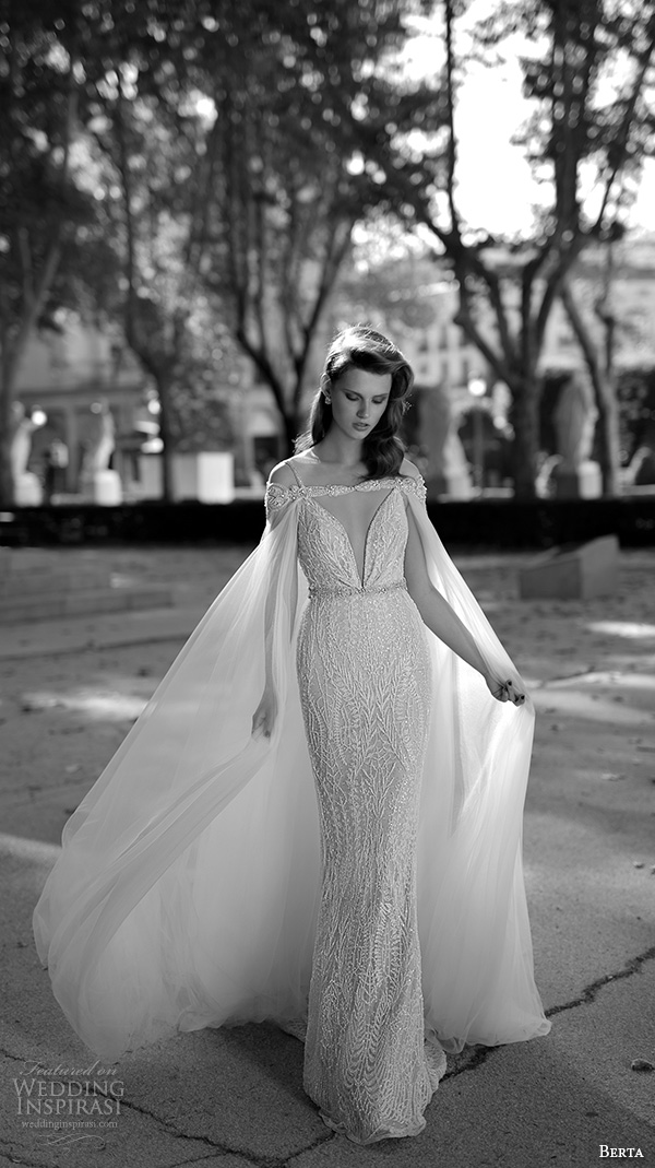 berta fall 2016 bridal spagetti strap deep v neckline beautiful sheath wedding dress with cape