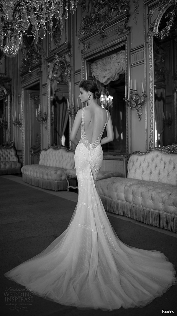 berta fall 2016 bridal spagetti strap sweetheart neckline geometric beaded pattern mermaid wedding dress chapel train  