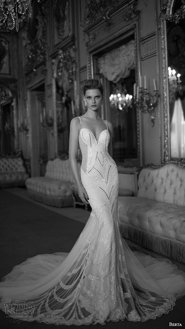 berta fall 2016 bridal spagetti strap sweetheart neckline geometric beaded pattern mermaid wedding dress chapel train