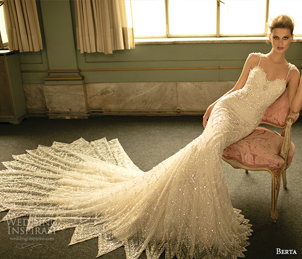 berta fall 2016 bridal spagetti strap sweetheart neckline geometric lace beaded embroidery mermaid wedding dress